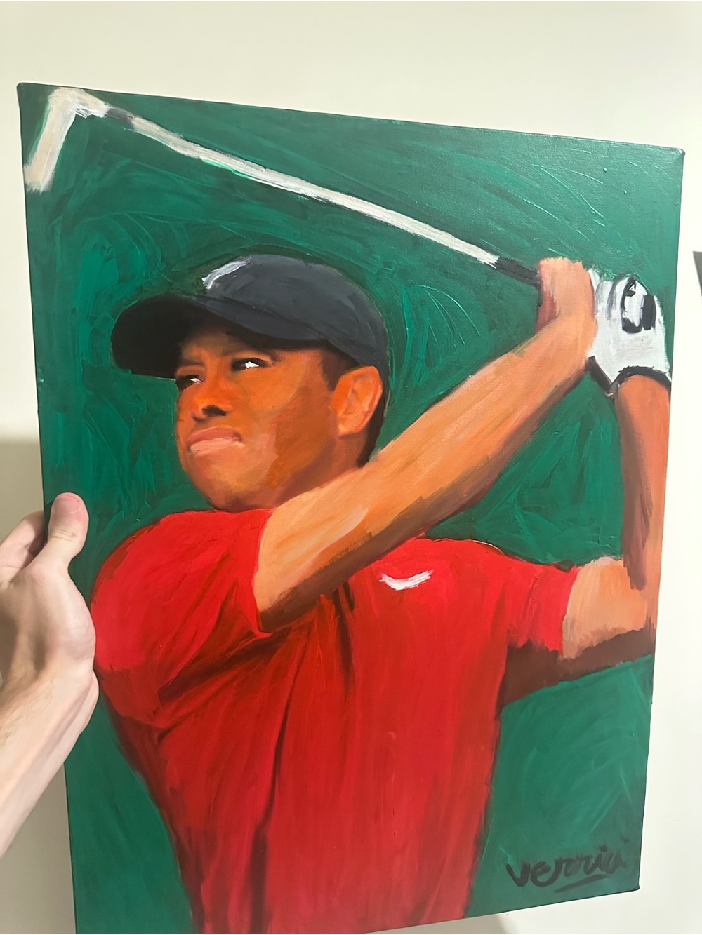 Tiger Original Golf Player Portrait Painting in Red and Green
